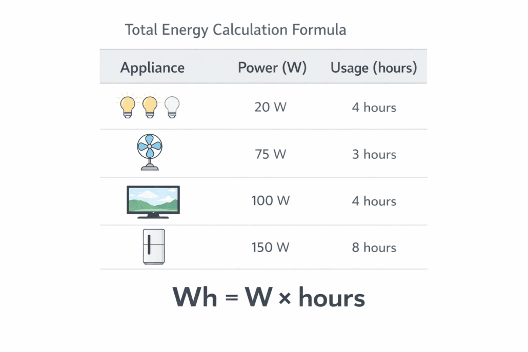 Daily load calculation example with appliance energy usage table