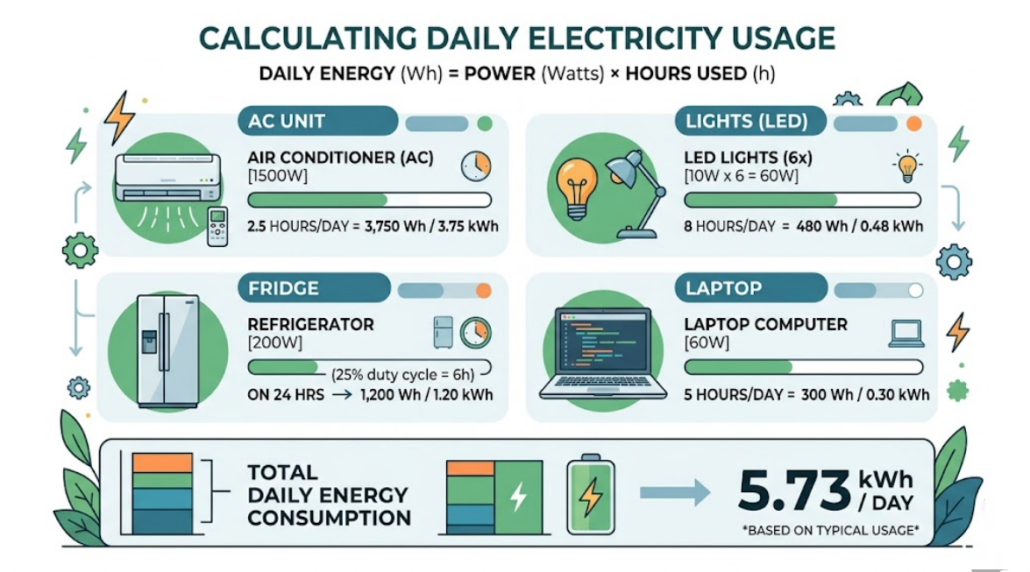 daily energy consumption calculation from appliances in kWh