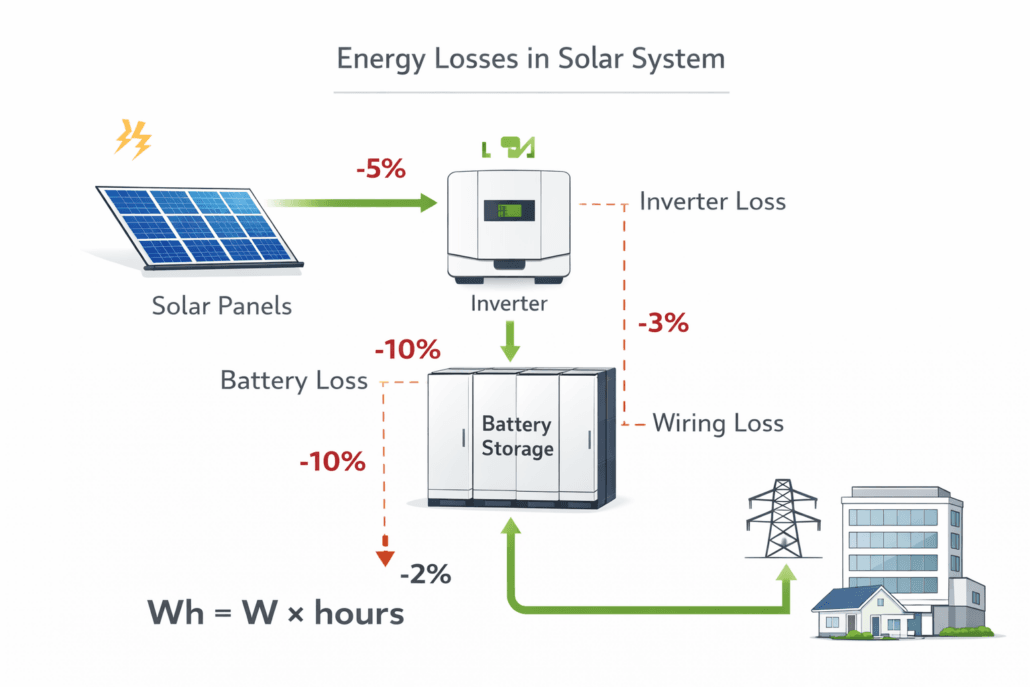 Solar energy system losses including inverter and battery efficiency losses