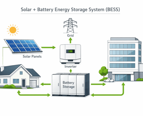 SunLith Energy Energy storage calculation diagram showing solar panels, battery system, and load flow