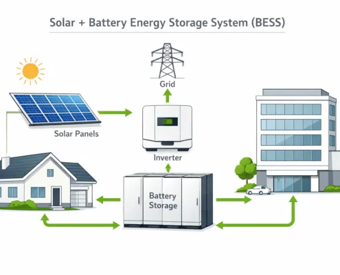 SunLith Energy Energy storage calculation diagram showing solar panels, battery system, and load flow