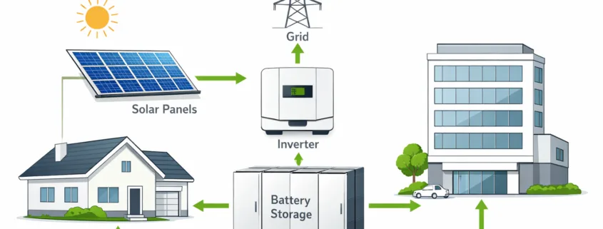 Energy storage calculation diagram showing solar panels, battery system, and load flow