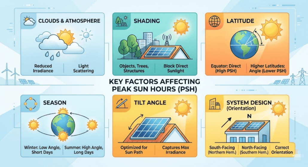 Factors affecting peak sun hours including weather and location