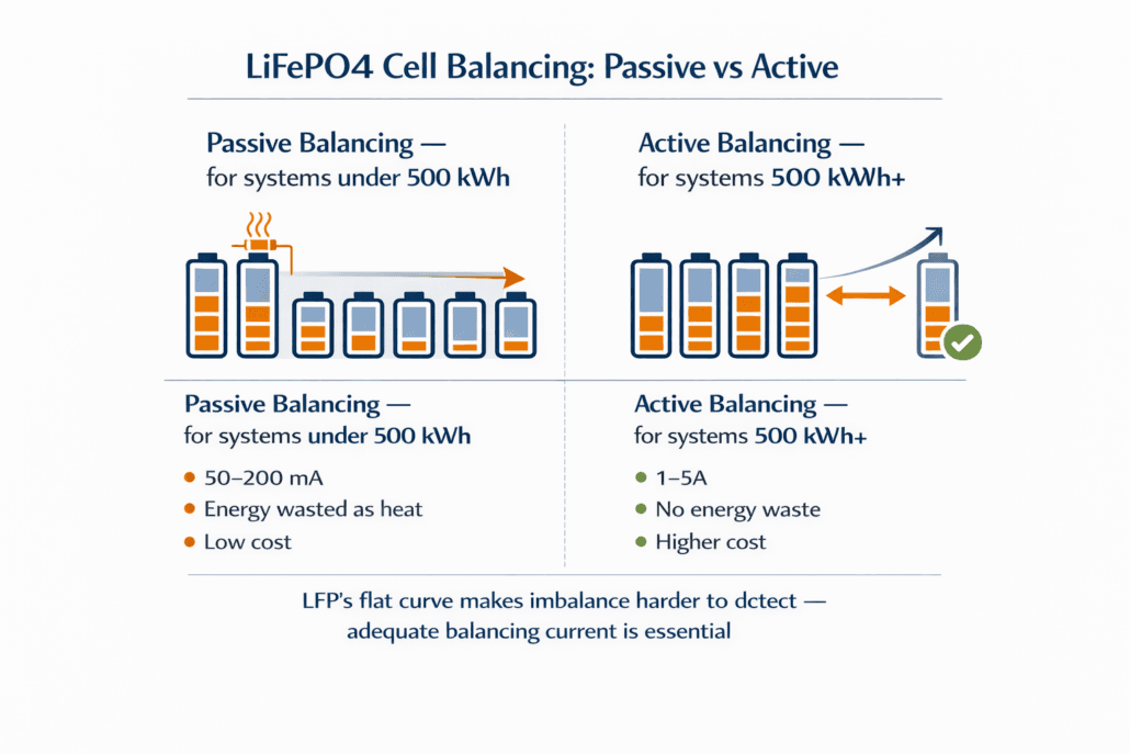 Diagram showing cell balancing in a LiFePO4 BMS — passive versus active balancing current requirements for LFP packs