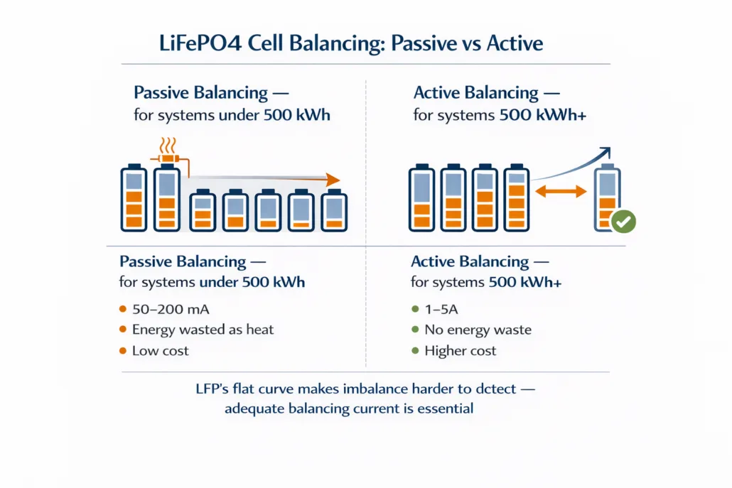 lfp-bms-cell-balancing-requirements-sunlith - SunLith Energy Diagram showing cell balancing in a LiFePO4 BMS — passive versus active balancing current requirements for LFP packs
