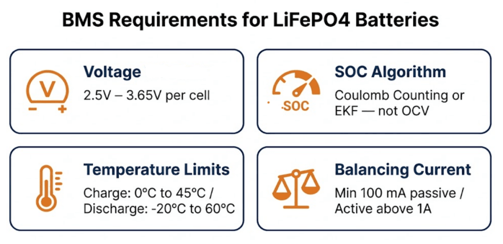 Diagram showing the specific BMS requirements for LiFePO4 batteries including voltage window, SOC algorithm, and temperature limits
