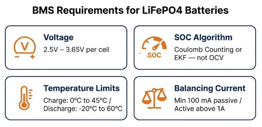 lfp-bms-requirements-overview-sunlith - SunLith Energy Diagram showing the specific BMS requirements for LiFePO4 batteries including voltage window, SOC algorithm, and temperature limits
