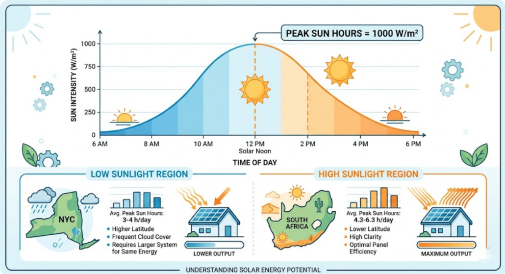 peak sun hours impact on solar panel output and energy generation