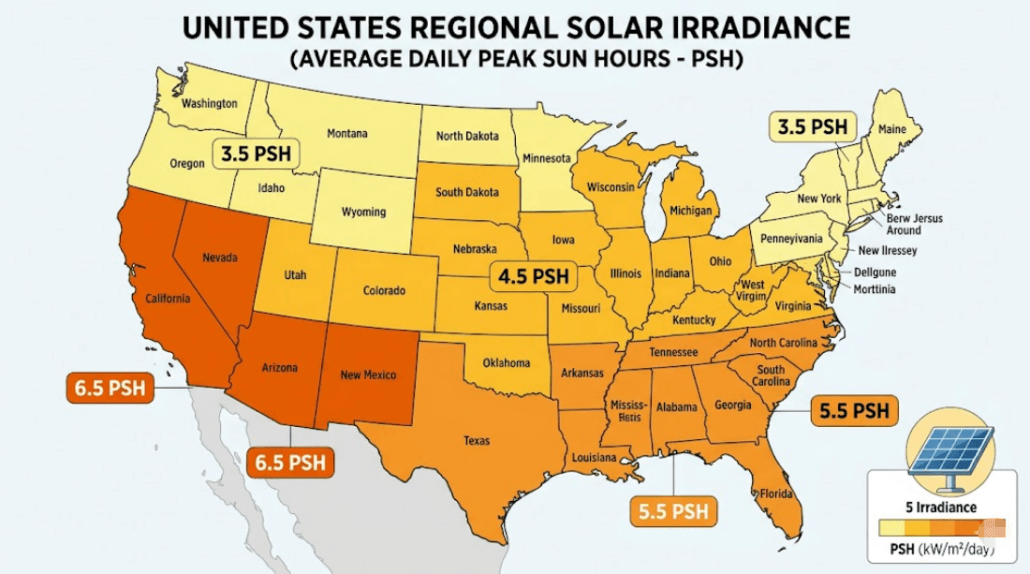Peak sun hours in the United States by region with solar intensity zones