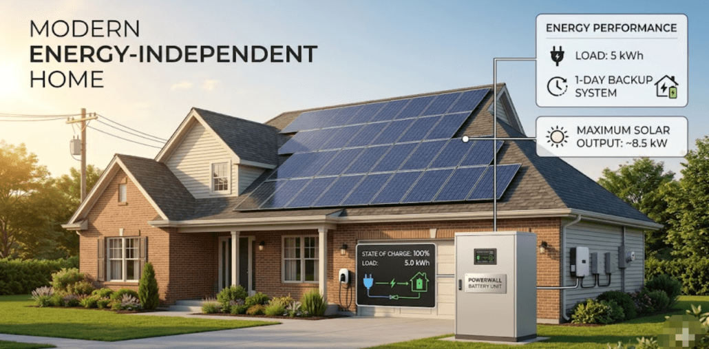 Residential solar and battery system example with calculated energy storage