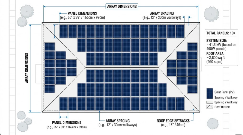 rooftop solar panel layout showing number of panels and spacing