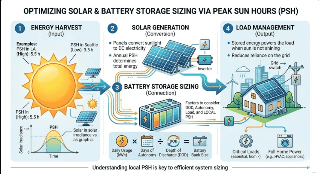 Relationship between peak sun hours solar generation and battery storage