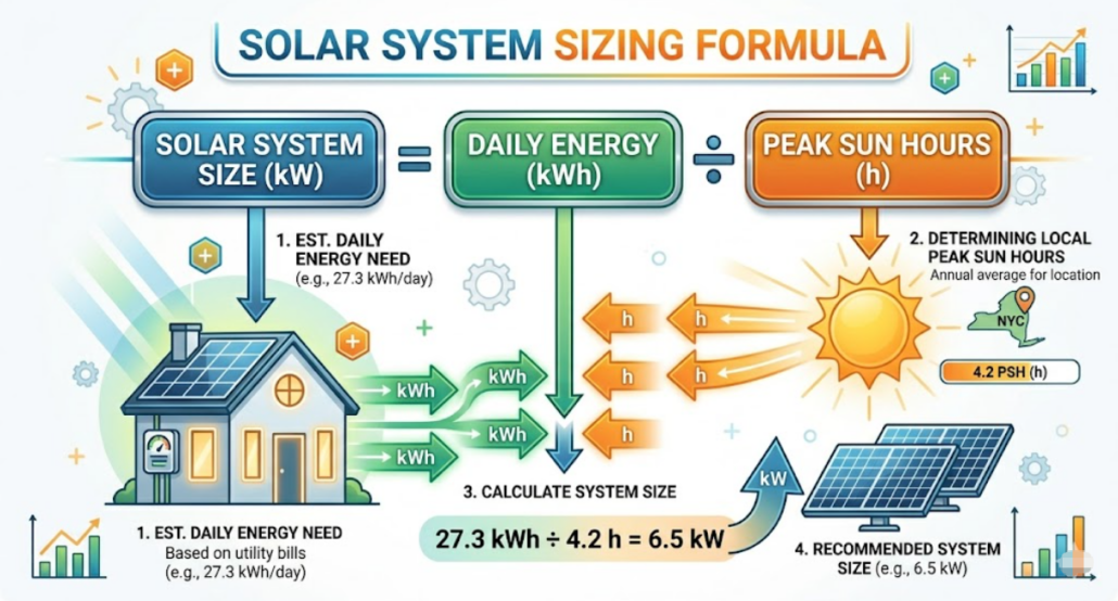 solar panel sizing formula using daily energy and peak sun hours
