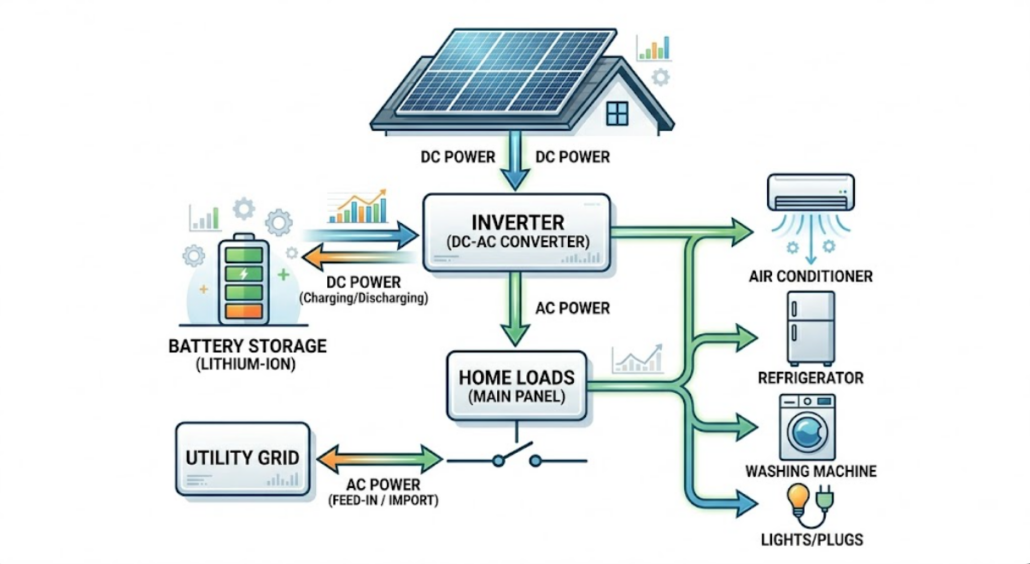 solar panels connected to battery storage system powering home load