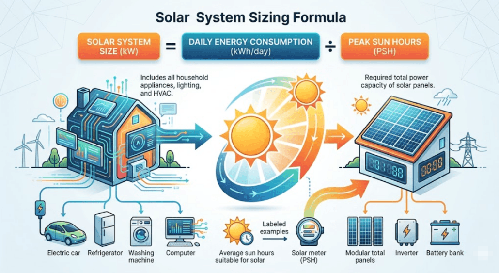 Solar panel sizing formula using peak sun hours and daily energy consumption