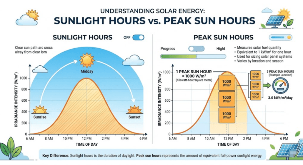 Difference between sunlight hours and peak sun hours explained with irradiance curve