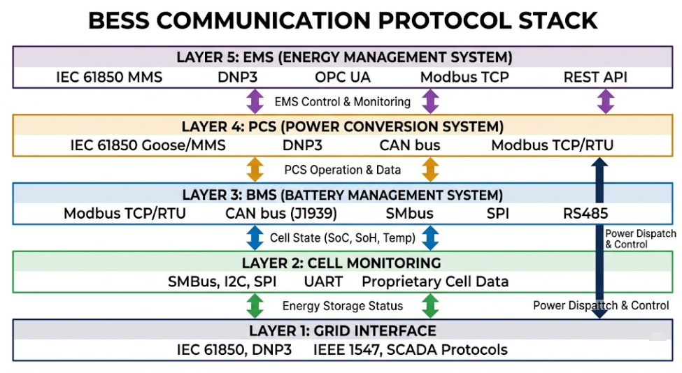 BESS Communication Protocols — Five-Layer Architecture Stack - SunLith Energy SunLith Energy BESS communication protocols five-layer architecture from battery cell to utility grid with protocol names at each layer