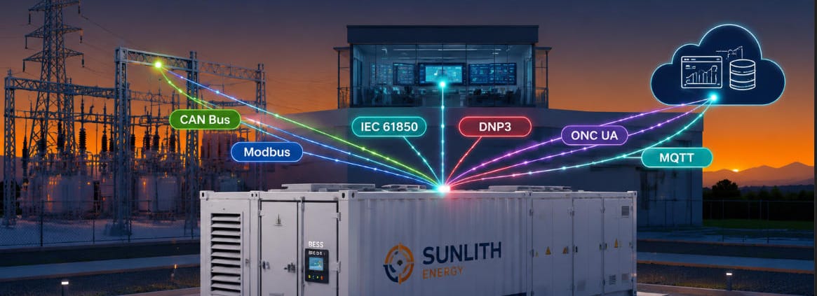 SunLith Energy BESS communication protocols diagram showing Modbus CAN Bus IEC 61850 DNP3 OPC UA MQTT connecting battery storage to grid and cloud