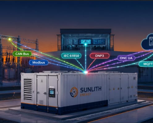 SunLith Energy BESS communication protocols diagram showing Modbus CAN Bus IEC 61850 DNP3 OPC UA MQTT connecting battery storage to grid and cloud