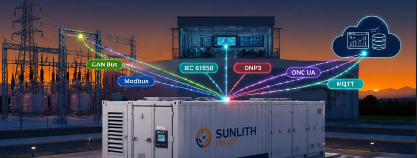BESS Communication Protocols — Complete 2026 Guide - SunLith Energy SunLith Energy BESS communication protocols diagram showing Modbus CAN Bus IEC 61850 DNP3 OPC UA MQTT connecting battery storage to grid and cloud