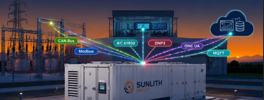 BESS communication protocols diagram showing Modbus CAN Bus IEC 61850 DNP3 OPC UA MQTT connecting battery storage to grid and cloud