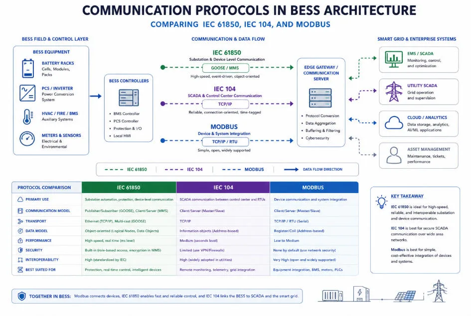 Common communication protocols used in EMS architecture for BESS
