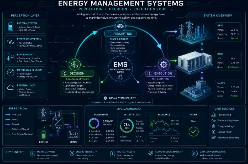 BESS EMS Control Loop - SunLith Energy EMS architecture perception to execution control loop in BESS