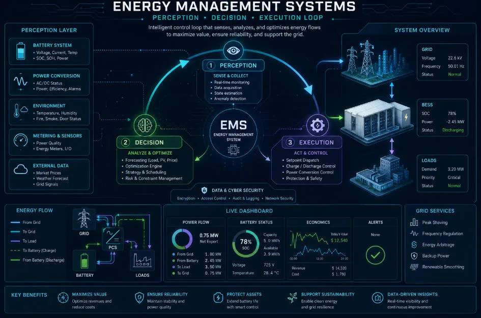EMS architecture perception to execution control loop in BESS