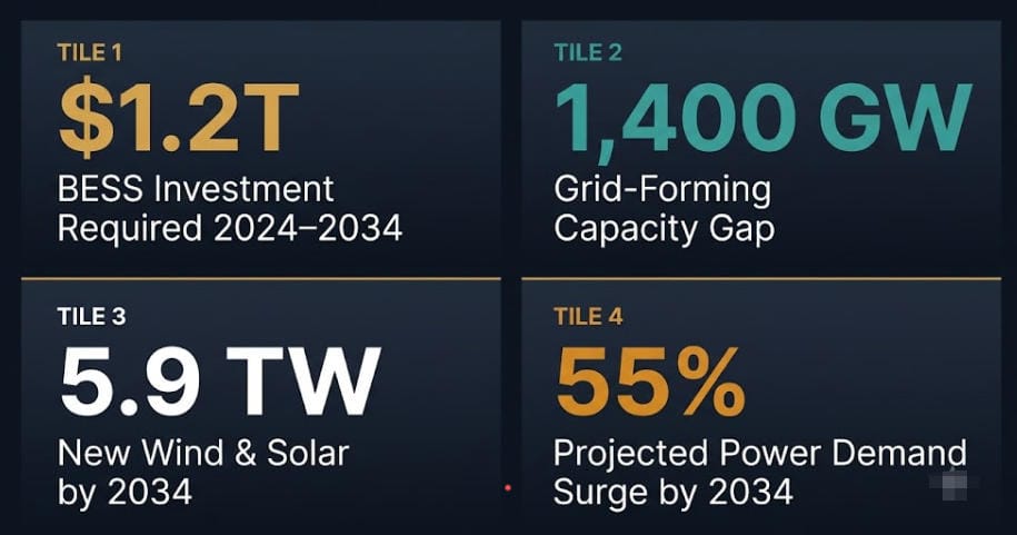 SunLith Energy Infographic showing global BESS grid-forming market opportunity — 1.4 TW capacity gap and  alt=