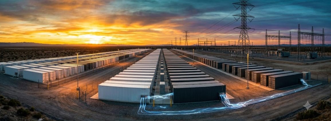 SunLith Energy BESS grid-forming technology — large utility-scale battery storage facility with power lines at dusk, Sunlith Energy