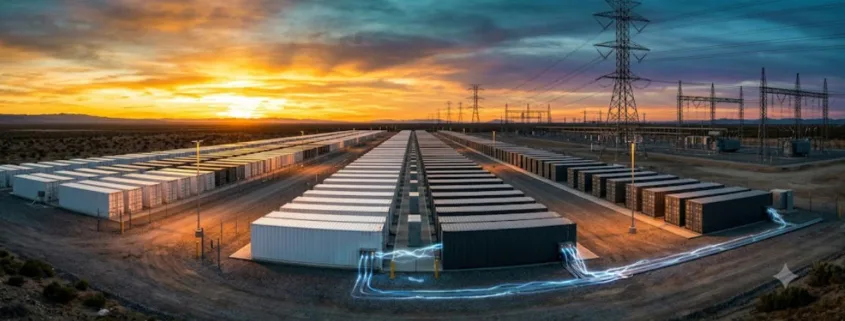 BESS grid-forming technology — large utility-scale battery storage facility with power lines at dusk, Sunlith Energy