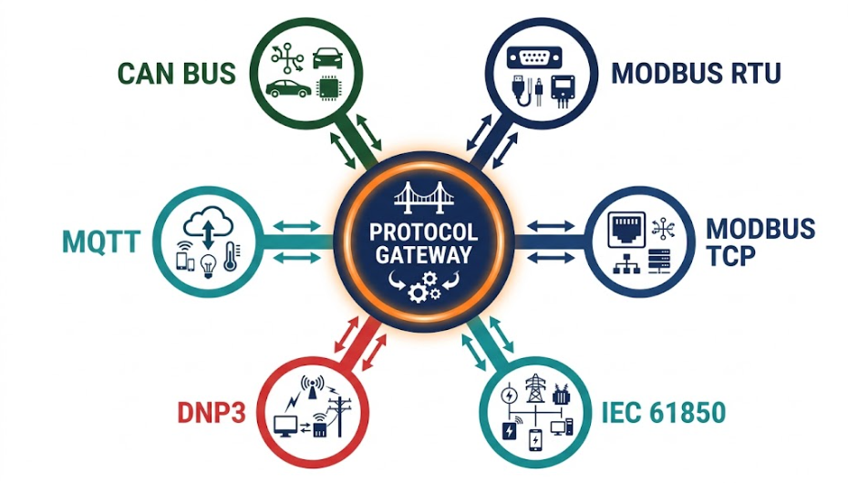 BESS Protocol Gateway — Multi-Protocol Communication Architecture - SunLith Energy SunLith Energy BESS protocol gateway architecture hub diagram translating CAN Bus Modbus IEC 61850 DNP3 OPC UA and MQTT simultaneously