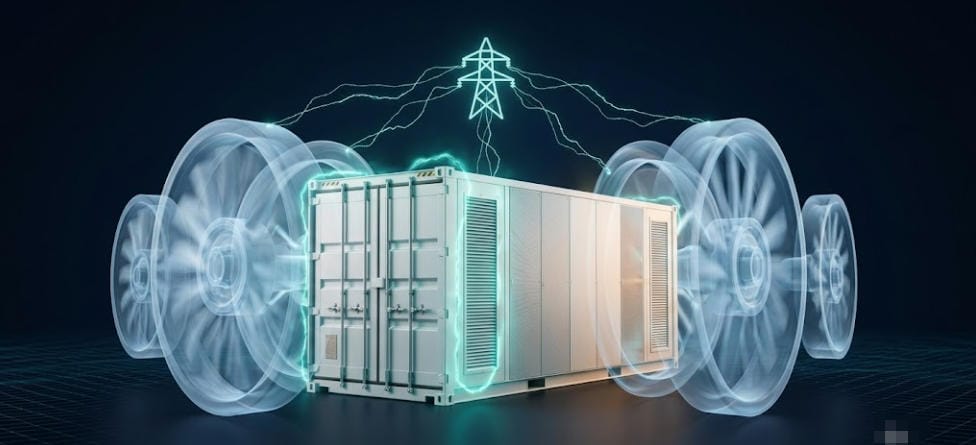 SunLith Energy Conceptual visualisation of BESS synthetic inertia — battery energy storage providing virtual spinning mass for grid frequency stability