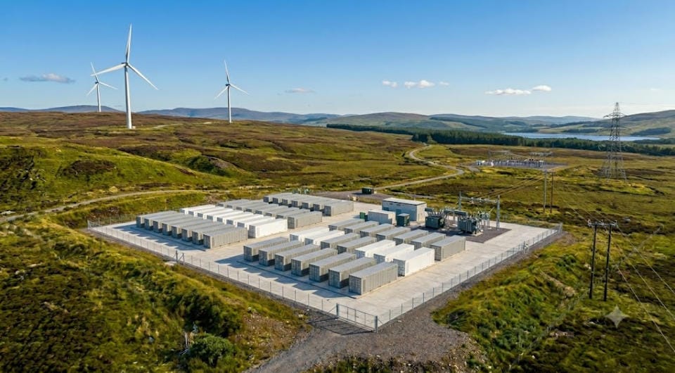 SunLith Energy Grid-forming BESS project in rural Scotland with wind turbines in background — Blackhillock-style utility scale battery storage