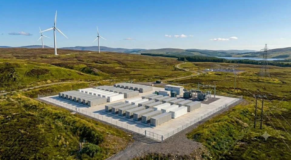 Grid-forming BESS project in rural Scotland with wind turbines in background — Blackhillock-style utility scale battery storage