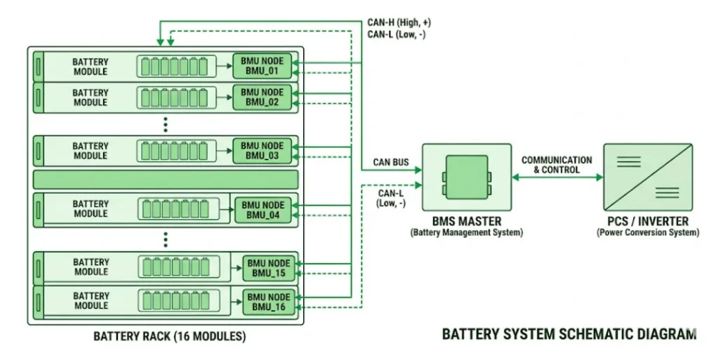 CAN Bus BESS internal communication diagram showing battery modules BMUs BMS master and PCS on a shared CAN network