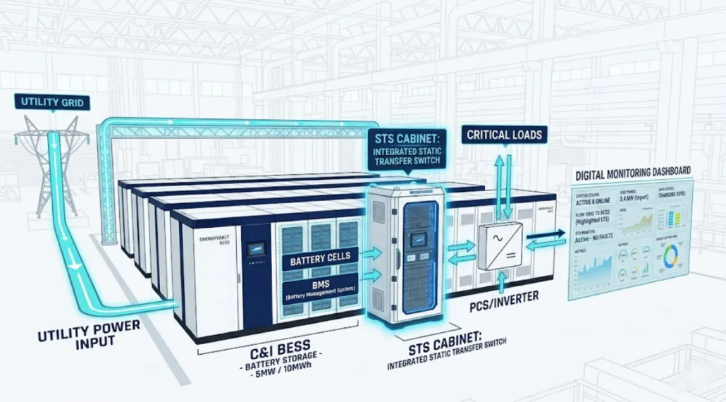 SunLith Energy C&I battery energy storage system architecture with Static Transfer Switch