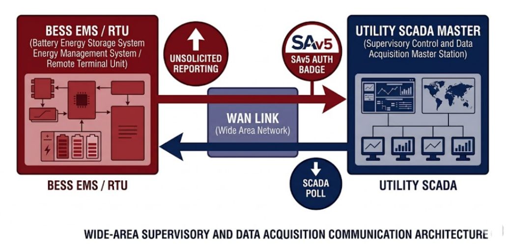 DNP3 BESS to Utility SCADA — North American Communication Protocol - SunLith Energy SunLith Energy DNP3 BESS communication protocol diagram showing EMS connecting to utility SCADA master over WAN with unsolicited reporting and SAv5