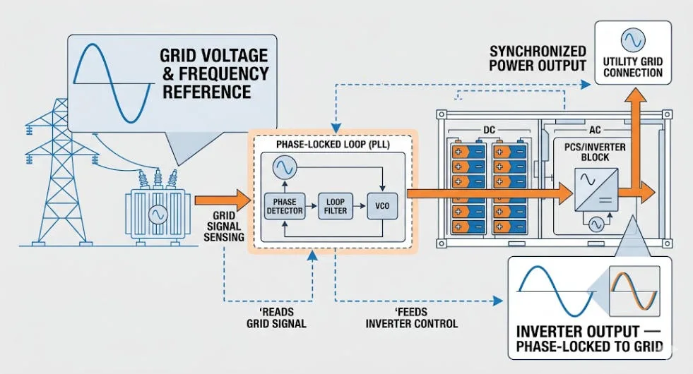 Grid-following BESS inverter phase-lock loop diagram showing synchronisation to grid voltage
