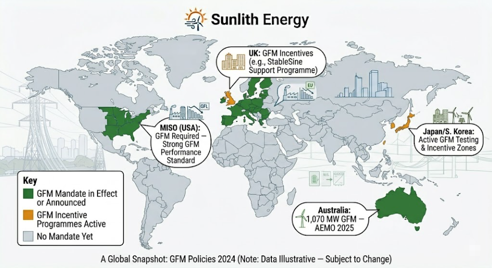 SunLith Energy World map showing grid forming BESS regulatory mandate status by region as of 2025