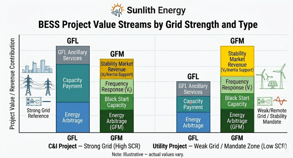 SunLith Energy Bar chart comparing 10-year cost and revenue of grid forming vs grid following BESS