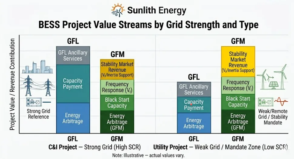 Bar chart comparing 10-year cost and revenue of grid forming vs grid following BESS