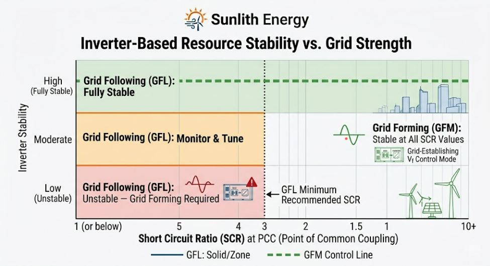 SunLith Energy Chart comparing grid forming vs grid following BESS stability at different short circuit ratio levels