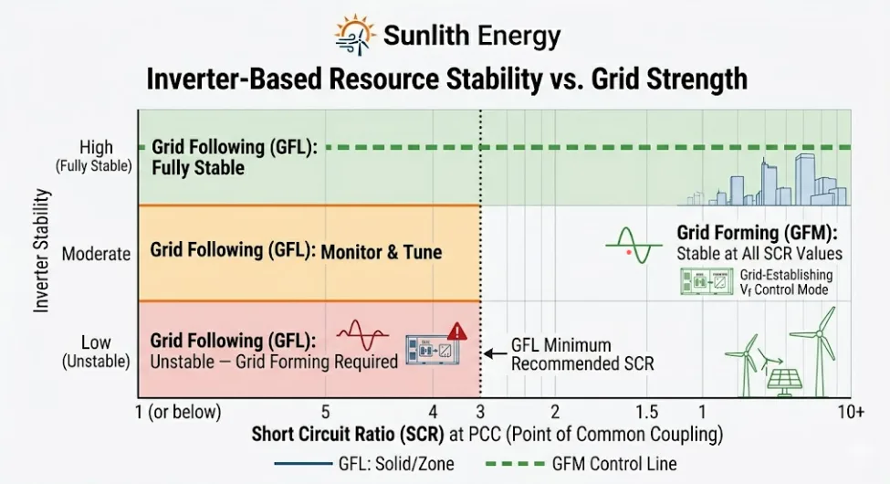 Chart comparing grid forming vs grid following BESS stability at different short circuit ratio levels