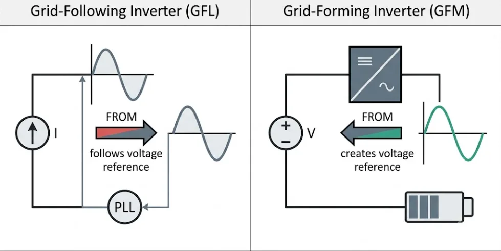 Diagram comparing grid-forming and grid-following inverter operation — BESS voltage source vs current source control