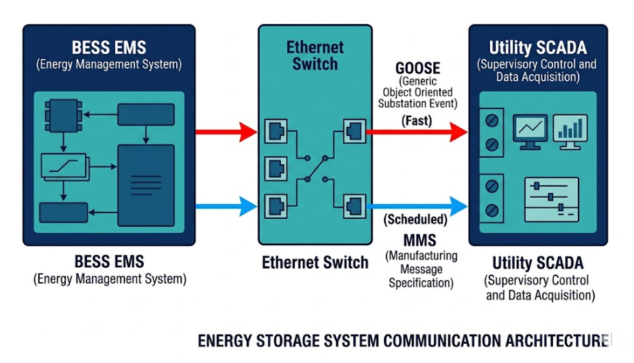 IEC 61850 BESS to Grid Communication Protocol — GOOSE and MMS - SunLith Energy SunLith Energy IEC 61850 BESS communication protocol diagram showing EMS connecting to utility substation via GOOSE and MMS over Ethernet