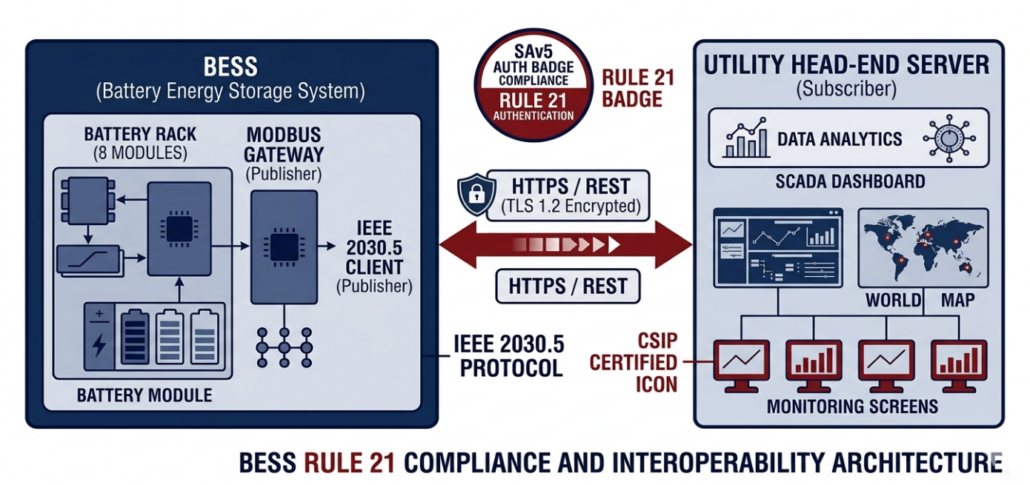 IEEE 2030.5 BESS DER Interconnection — California Rule 21 Protocol - SunLith Energy SunLith Energy IEEE 2030.5 BESS communication protocol diagram showing gateway connecting to utility head-end via HTTPS with TLS 1.2 and California Rule 21