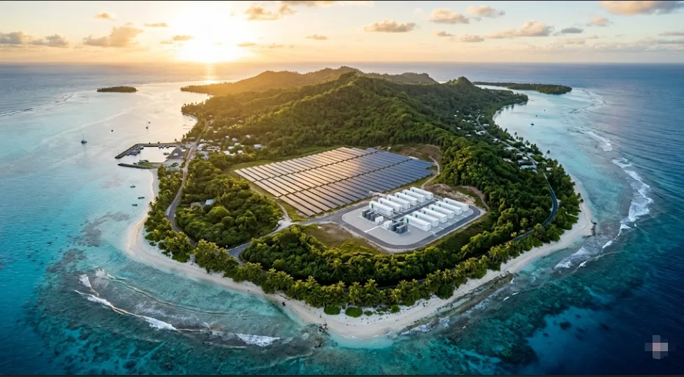 Aerial view of Island Grid BESS installation with solar PV array on a tropical island