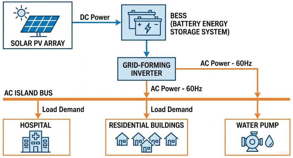 Island Grid BESS architecture diagram showing solar PV, battery storage, grid-forming inverter, and island loads