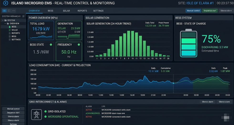 island-grid-bess-ems-dashboard - SunLith Energy SunLith Energy Island Grid BESS energy management system dashboard showing real-time solar generation, battery state of charge, and frequency monitoring